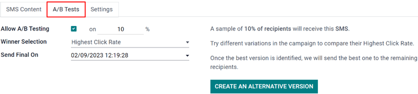 The A/B Test tab is located on an LeanSoft SMS Marketing app campaign form.