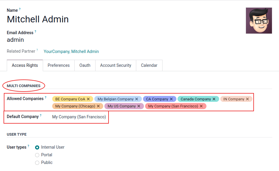 View of an user form emphasizing the multi companies field under the access rights tabs in LeanSoft.