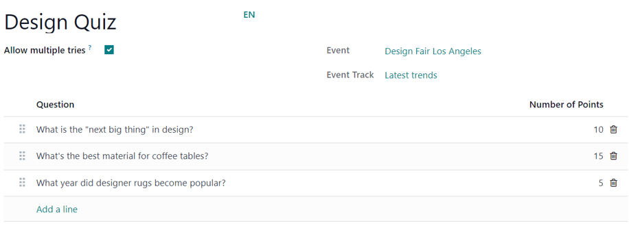 The Add Quiz page in the LeanSoft Events application for an event track.