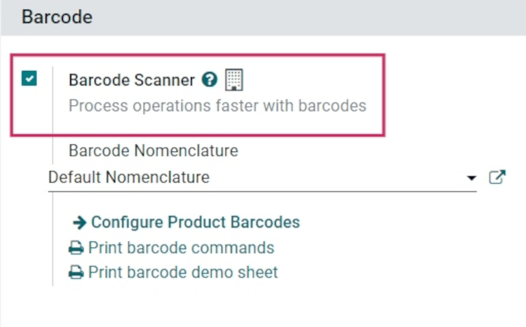 Bật tính năng Barcode trong cài đặt ứng dụng Inventory.