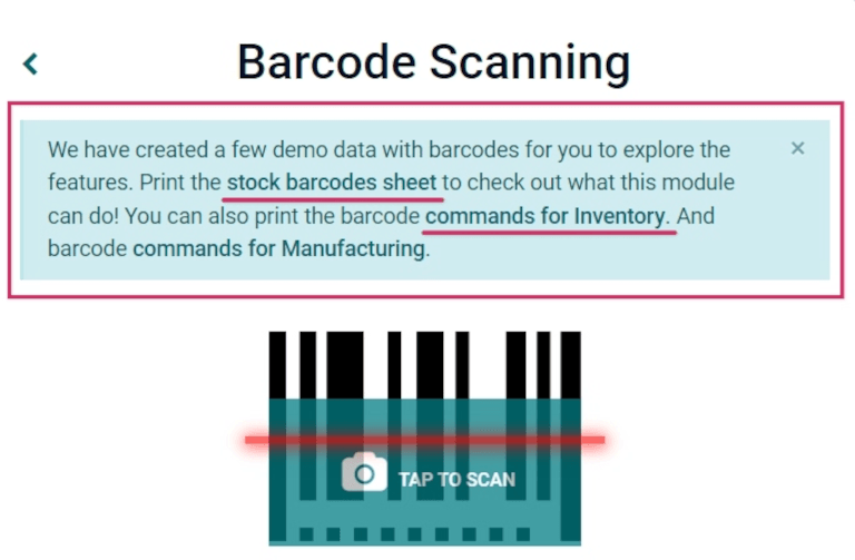 Cửa sổ pop-up thông báo dữ liệu demo trên màn hình chính của ứng dụng Barcode.
