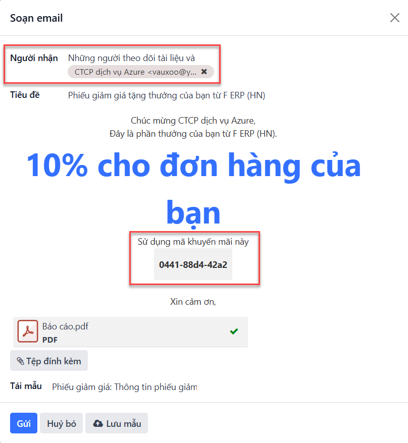 Xem cửa sổ soạn thảo email với mã phiếu giảm giá.