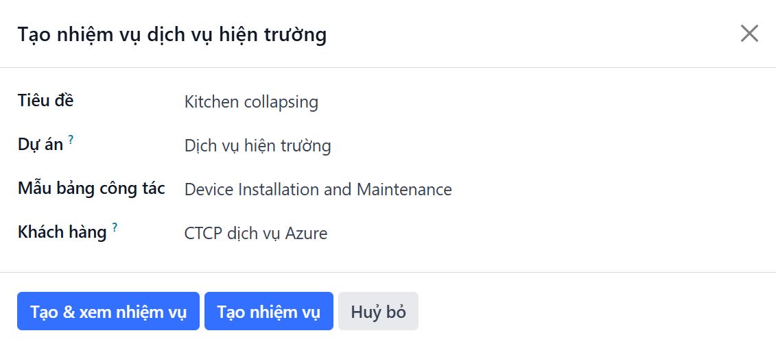 Xem trang tạo nhiệm vụ Dịch Vụ Hiện trường.