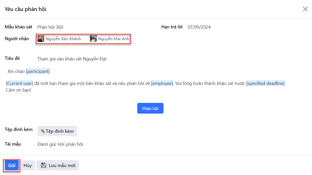 Biểu mẫu email xuất hiện khi yêu cầu phản hồi từ các nhân viên khác.