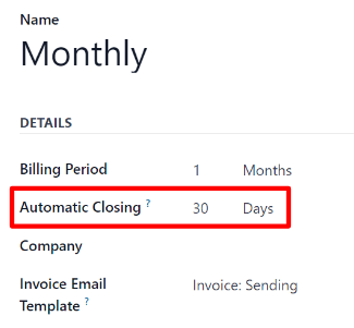 Trường Đóng tự động trên mẫu Kế hoạch Định kỳ trong ứng dụng LeanSoft Subscriptions.