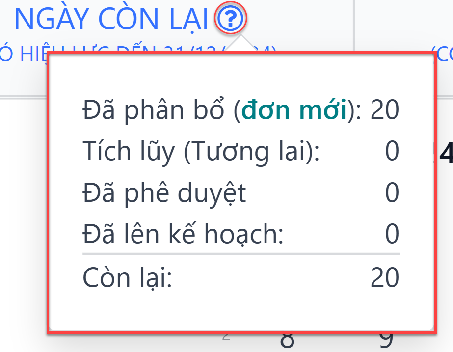 Một cái nhìn về chi tiết số dư thời gian nghỉ đầy đủ trong cửa sổ popover.