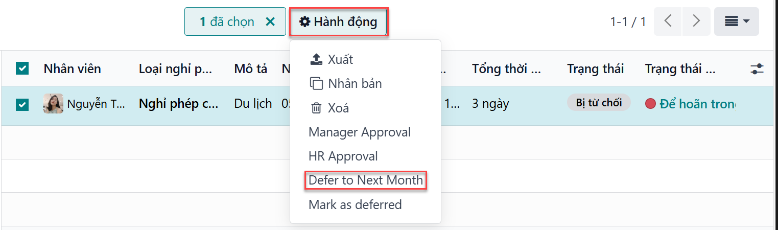 Nút hành động và nút # đã chọn xuất hiện sau khi chọn.