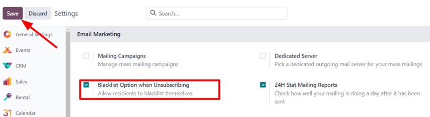 View of the blacklist feature in the Settings page of the LeanSoft Email Marketing app.