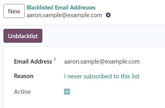 View of a blacklisted contact detail form in LeanSoft Email Marketing.