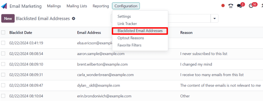 View of the blacklisted email addresses page in LeanSoft Email Marketing.