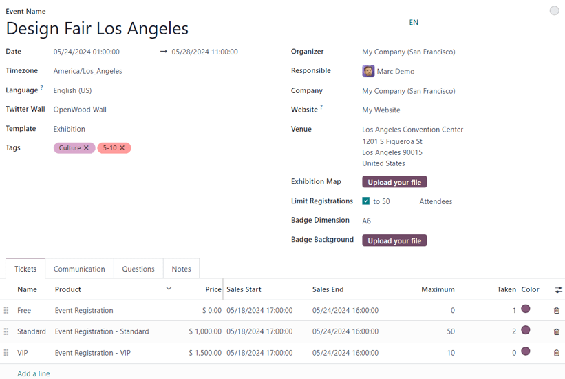 Typical event template in the LeanSoft Events application.