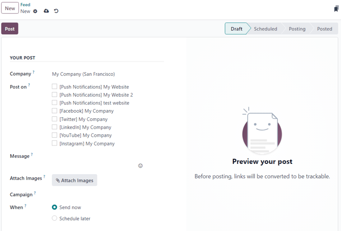 Blank social media post detail page in LeanSoft Social Marketing.