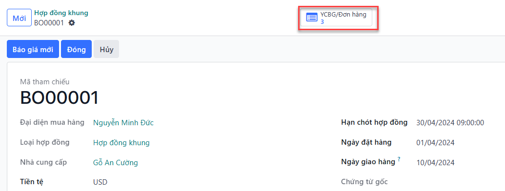 Nút thông minh RFQs và Orders từ biểu mẫu đơn hàng mở.