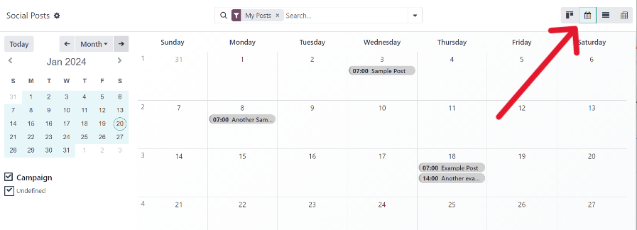 Example of the calendar view in LeanSoft Social Marketing.