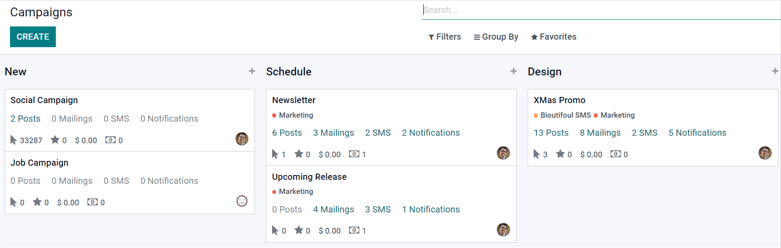 Dasbhoard view of different Campaigns in the LeanSoft SMS Marketing app, separated by stage.