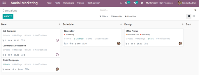 View of the campaigns page in the LeanSoft Social Marketing application.