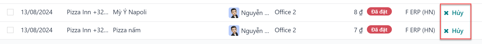 Các dòng đơn hàng với nút hủy được làm nổi bật.