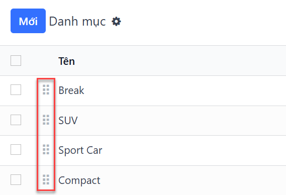 Danh sách mẫu xe trong đội xe.