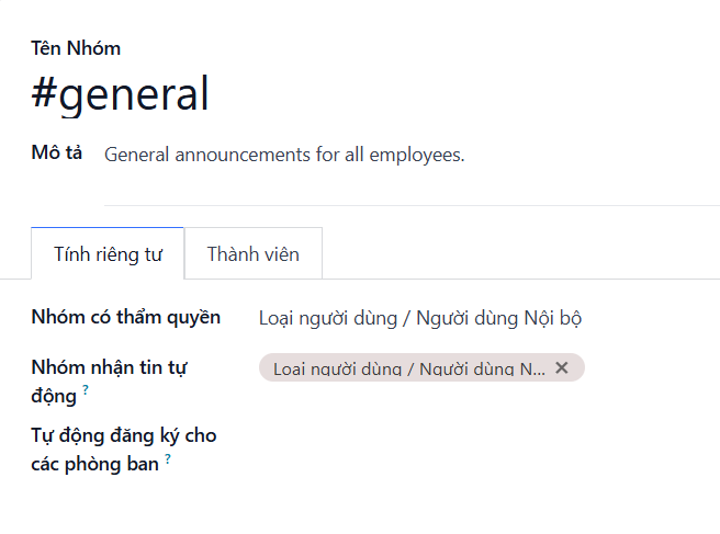 Xem biểu mẫu cài đặt của một kênh trong LeanSoft Thảo luận.