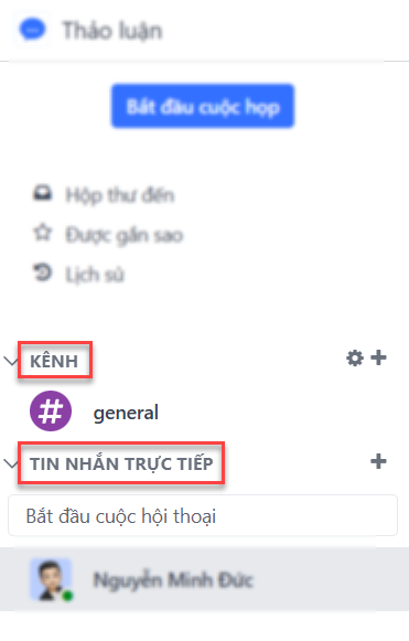 Xem bảng điều khiển của Thảo luận nhấn mạnh tiêu đề các kênh và tin nhắn trực tiếp trong LeanSoft Thảo luận.
