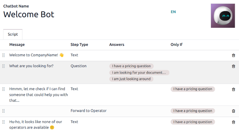 View of the Welcome Bot script in LeanSoft Live Chat.