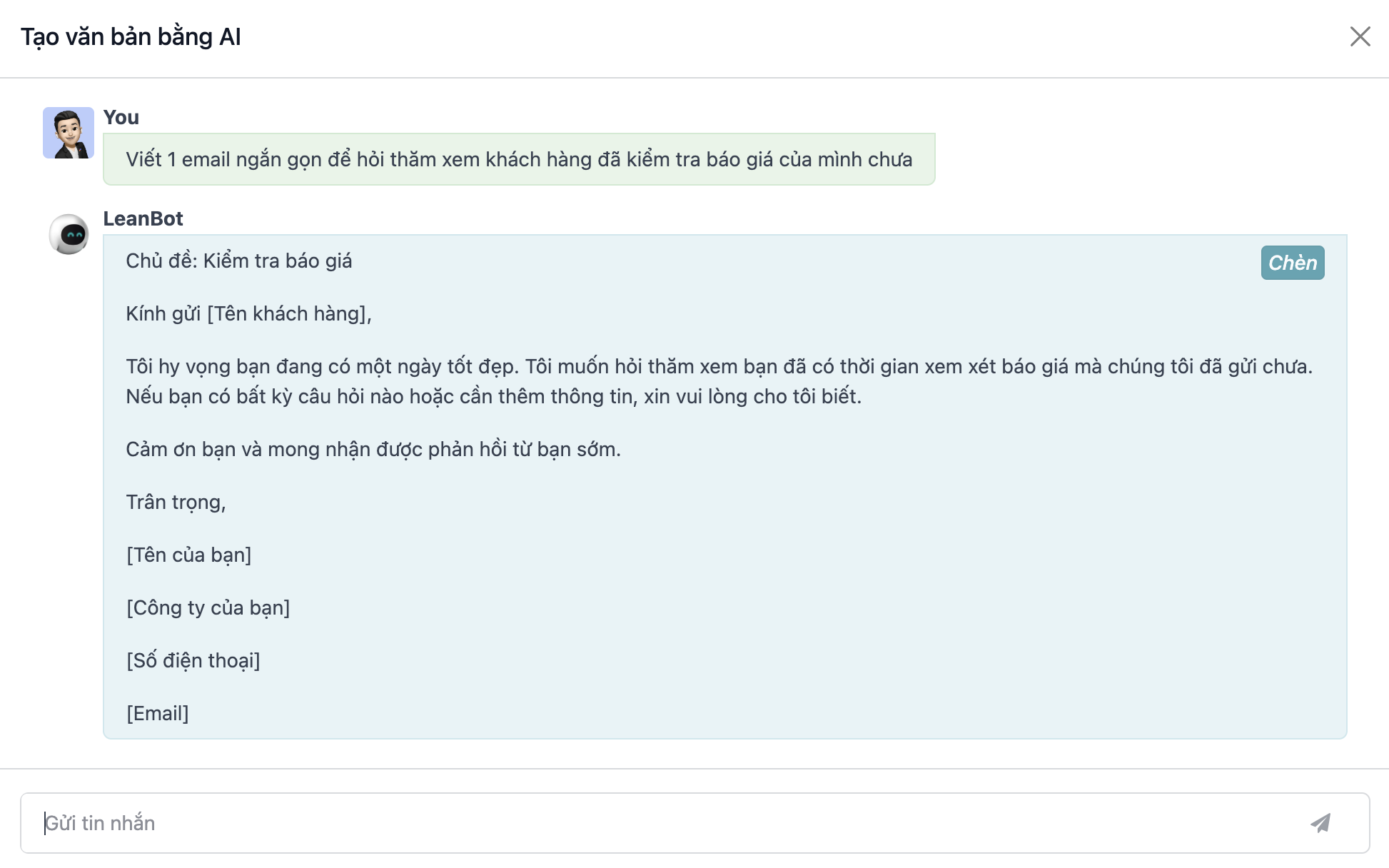 Bản thảo của email với văn bản được tạo bởi AI.
