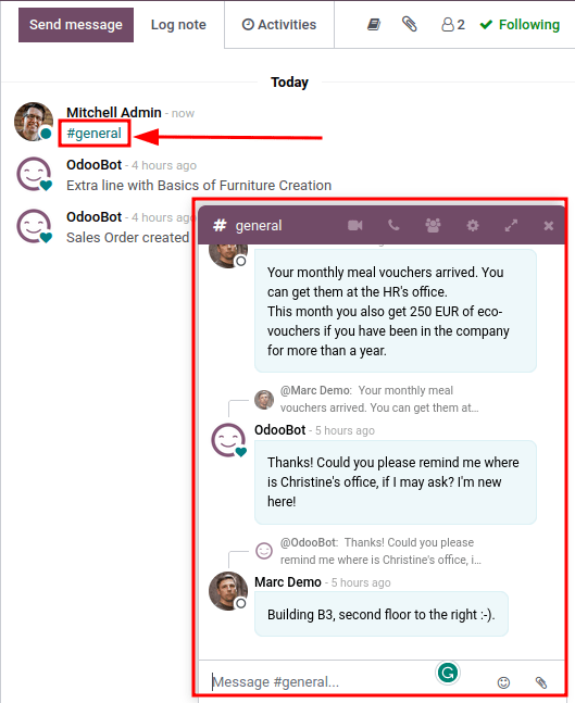 Kênh liên kết trong chatter với kênh mở ở góc dưới bên phải.