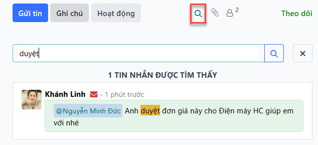 Kết quả tìm kiếm trong một luồng trò chuyện nhấn mạnh biểu tượng tìm kiếm và nút nhảy.