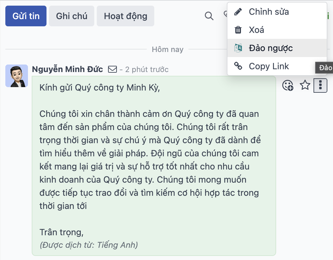 Tin nhắn trò chuyện sau khi được dịch.