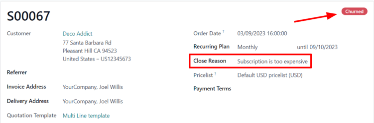 Một đơn bán hàng hàng đã đóng đăng ký trong LeanSoft Subscriptions.