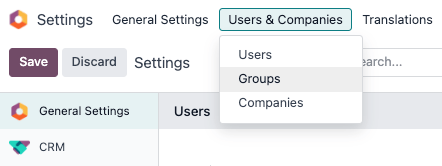 Groups menu in the Users & Companies section of the Settings app of LeanSoft.