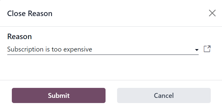 Cửa sổ pop-up Lý do đóng khi nhấp vào nút Đóng trong LeanSoft Subscriptions.