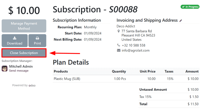 Nút đóng đăng ký trên giao diện khách hàng của một đơn bán hàng hàng trong LeanSoft Subscriptions.