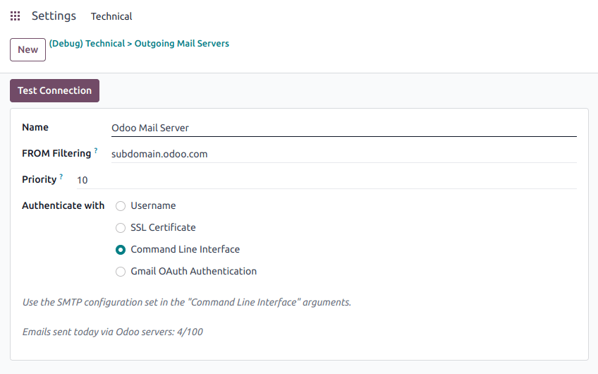 Adding a mail server using the LeanSoft's mail server with the CLI authentication.