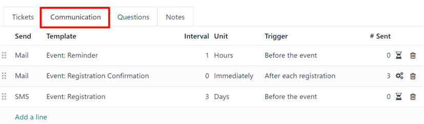 Typical communication tab on an event form in the LeanSoft Events application.