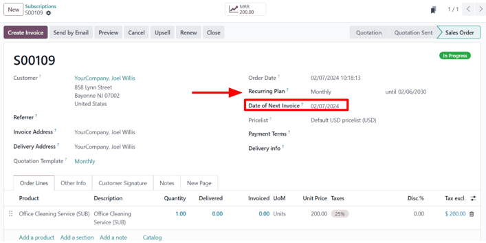 Một đơn bán hàng hàng đăng ký đã xác nhận trong ứng dụng Đăng ký LeanSoft.