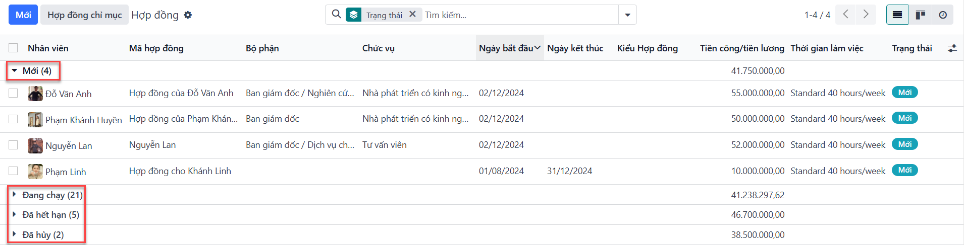 Chế độ xem bảng điều khiển hợp đồng hiển thị các hợp đồng đang chạy và các hợp đồng có vấn đề.