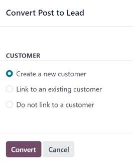 The convert post to lead pop-up window that appears in LeanSoft Social Marketing.