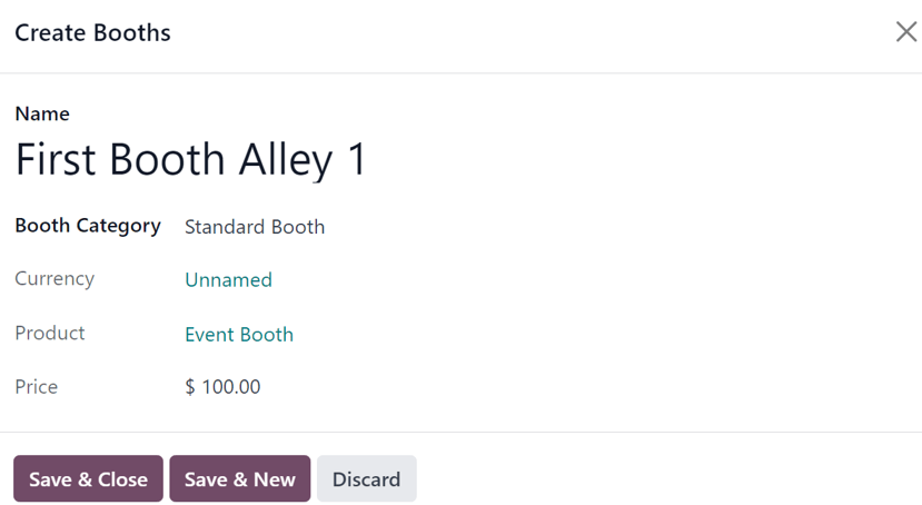 A Create Booths pop-up window in the LeanSoft Events application.