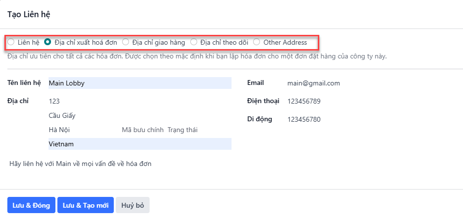 Biểu mẫu tạo liên hệ với tất cả các phần được điền đầy đủ.