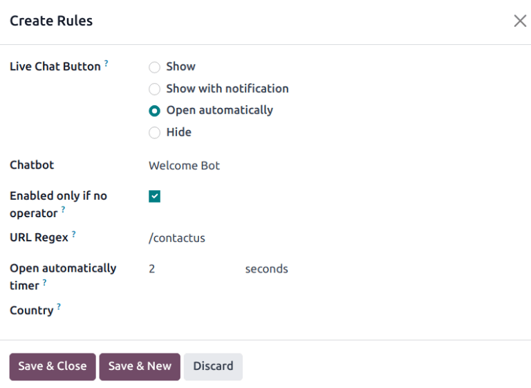 View of a channel's rules form for LeanSoft Live Chat.