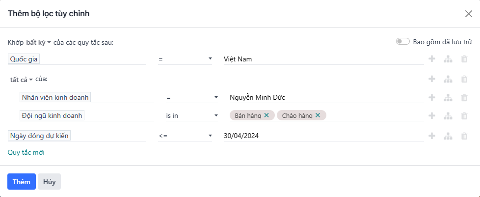 Tính năng thêm nhánh cho phép tạo ra các câu lệnh "tất cả" hoặc "bất kỳ" phức tạp hơn cho quy tắc.
