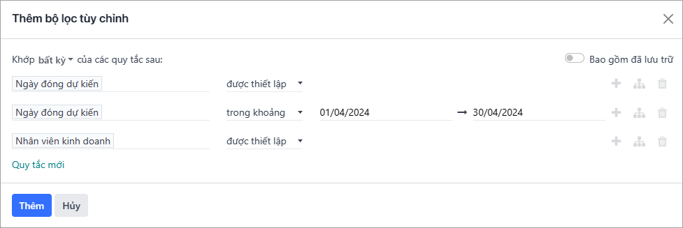 Cửa sổ pop-up Thêm bộ lọc tùy chỉnh với các bộ lọc tùy chỉnh được cấu hình cho báo cáo doanh thu dự kiến.