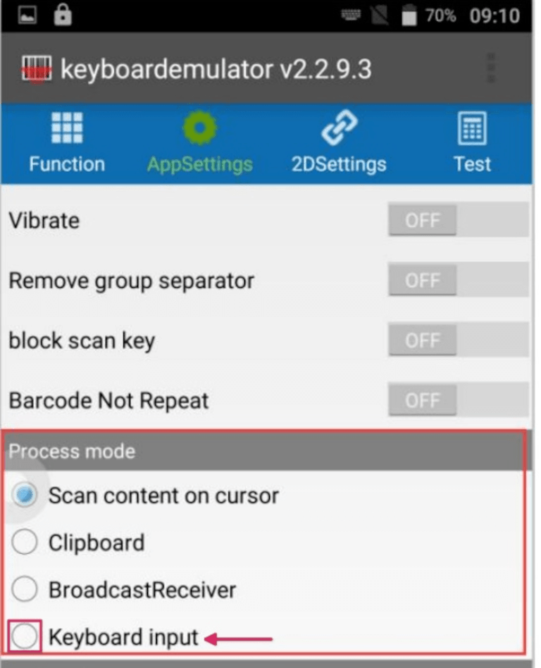 Phần chế độ xử lý trên trang AppSettings của máy quét MUNBYN.