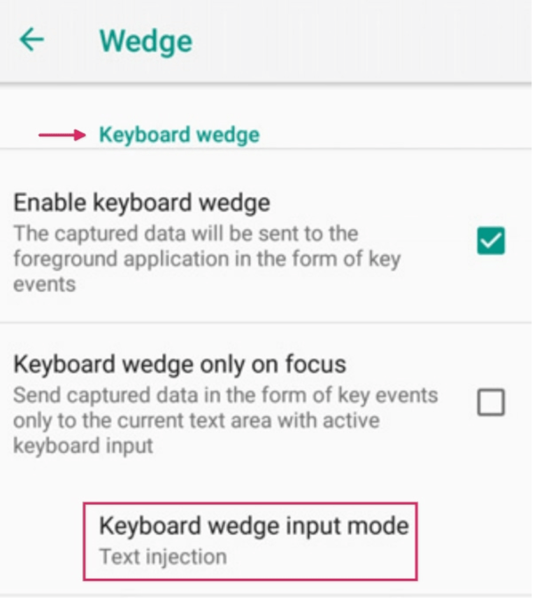 Menu cấu hình Wedge trên máy quét Datalogic.