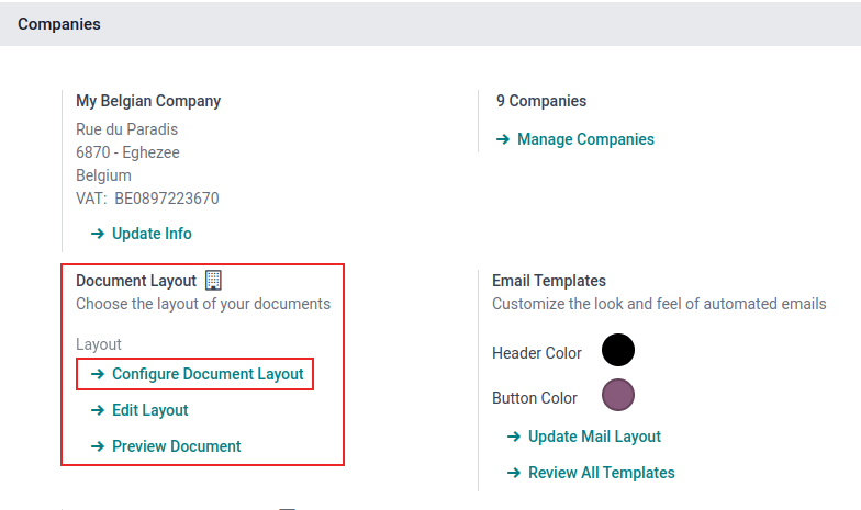 View of the settings page emphasizing the document layout field in LeanSoft.