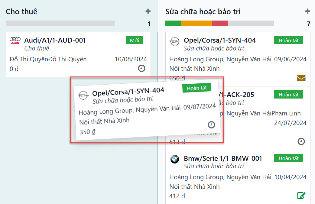 Chế độ xem Kanban của các giai đoạn, với một thẻ đang được kéo và thả vào giai đoạn Đang thực hiện.