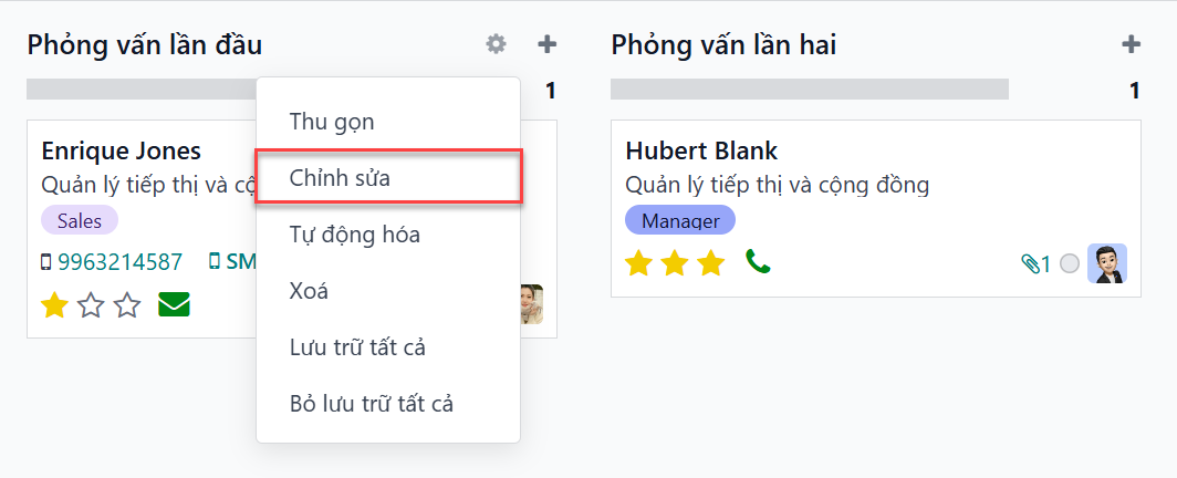 Menu thả xuống xuất hiện sau khi nhấp vào biểu tượng bánh răng.
