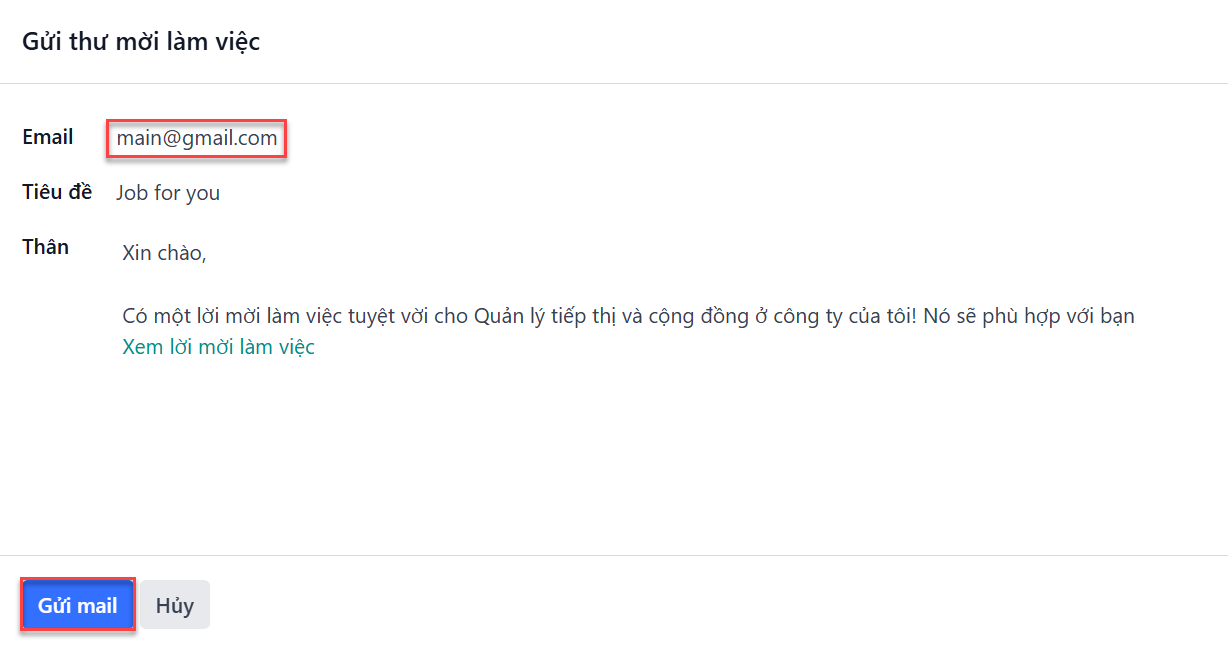 Cửa sổ pop-up email giới thiệu với nội dung email bên trong.