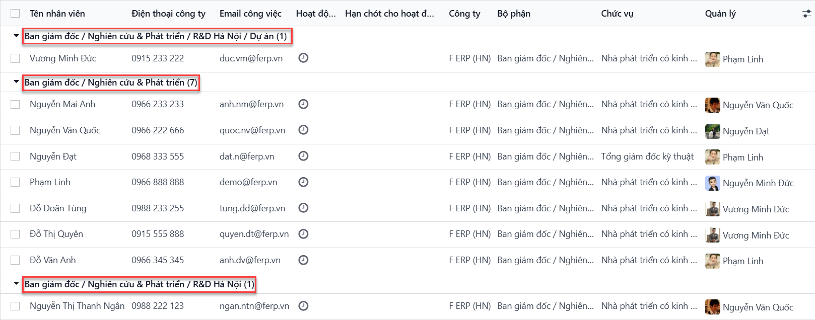 Chế độ xem danh sách nhân viên cho phòng ban đã được nhấp, bao gồm tất cả các phòng ban con.